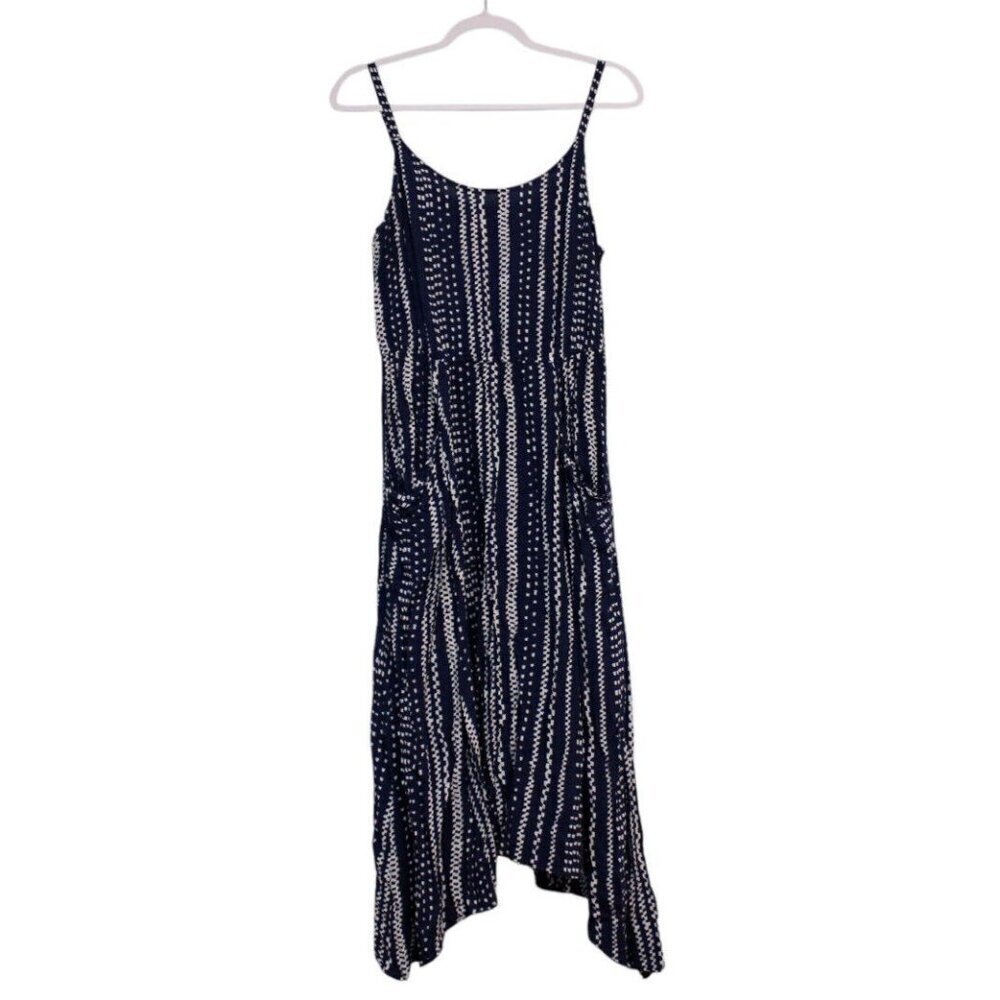 Cabi Midi Dress Size Medium Navy Shark Bite Hem Elastic Waist Geometric Preppy